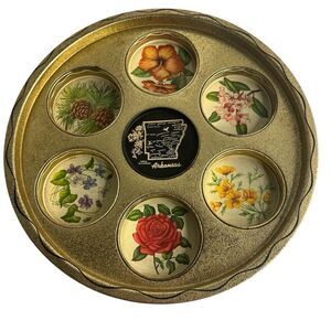 Vintage MCM Arkansas Floral Serving Tray Tin Barware Drink 7 Tumblers